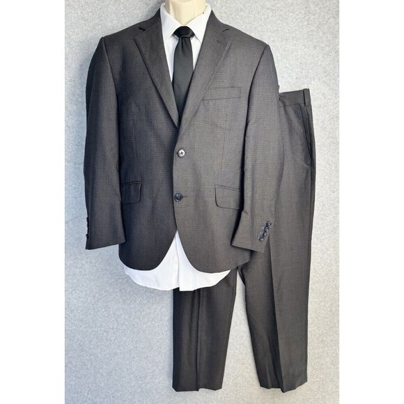Peter Millar 2 Piece Suit Gray Check Plaid 100% Wool Size 40S Blazer & Pant #252